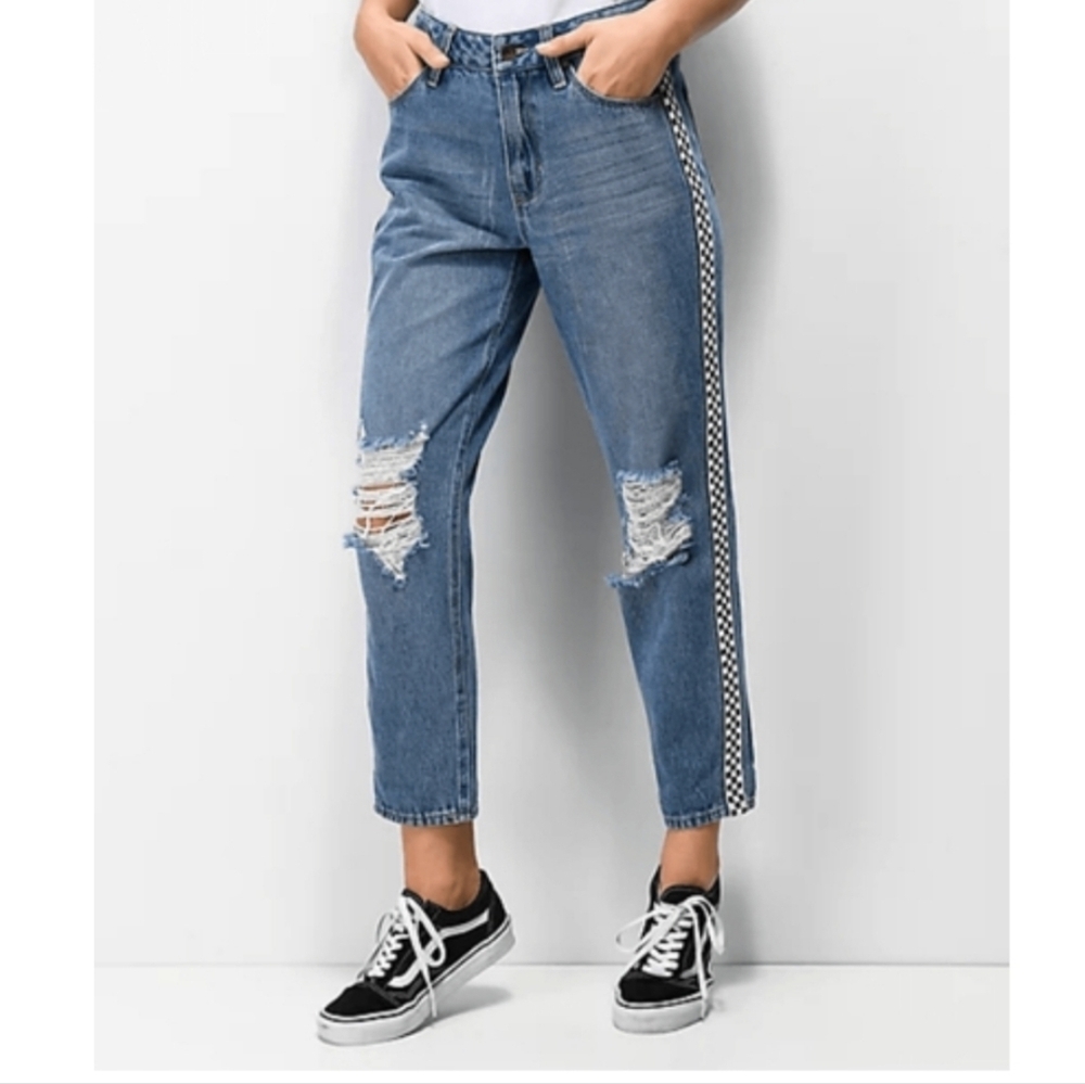 Emprye Eileen Checkered Side Stripe Distressed Mom Jeans Pants
